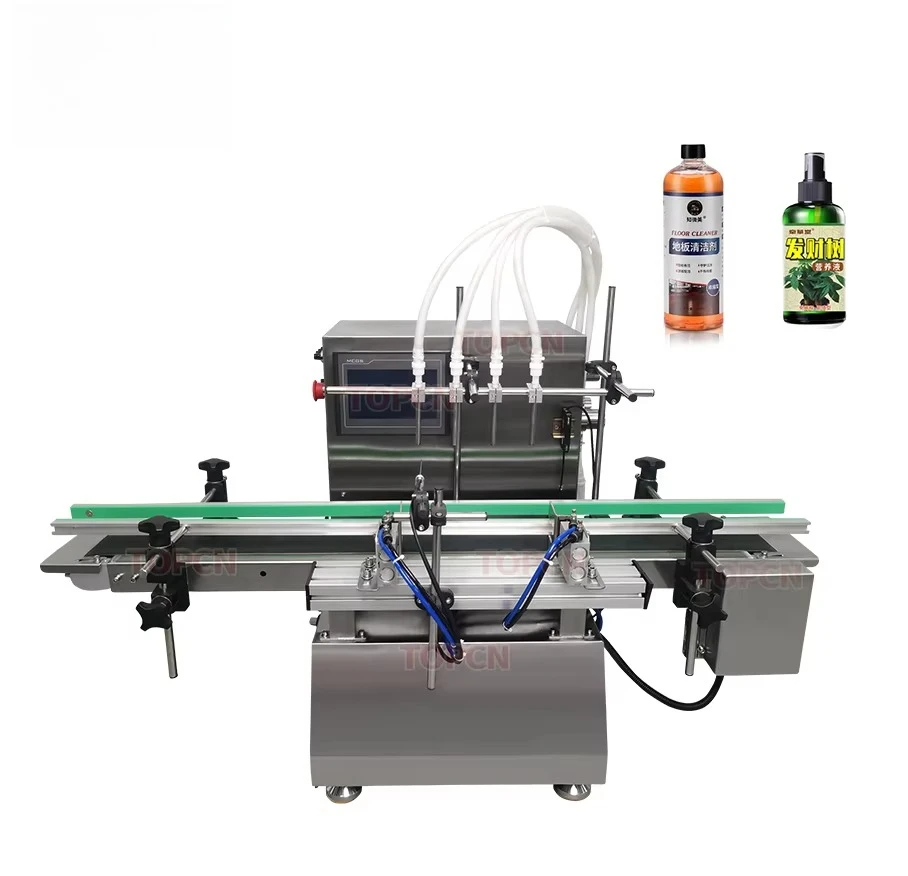 Four-Head Magnetic Pump Liquid 1 Liter Small Scale Glass Bottle Filling Machine With Conveyor