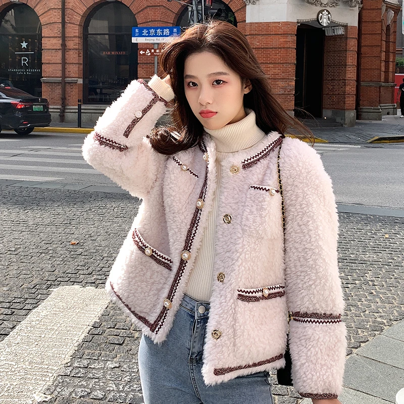 

Button Faux Fur Cropped Jacket White Thick Winter Coat Women 2022 Autumn Warm Female Outerwear Korean Plush Ladies Casual Retro