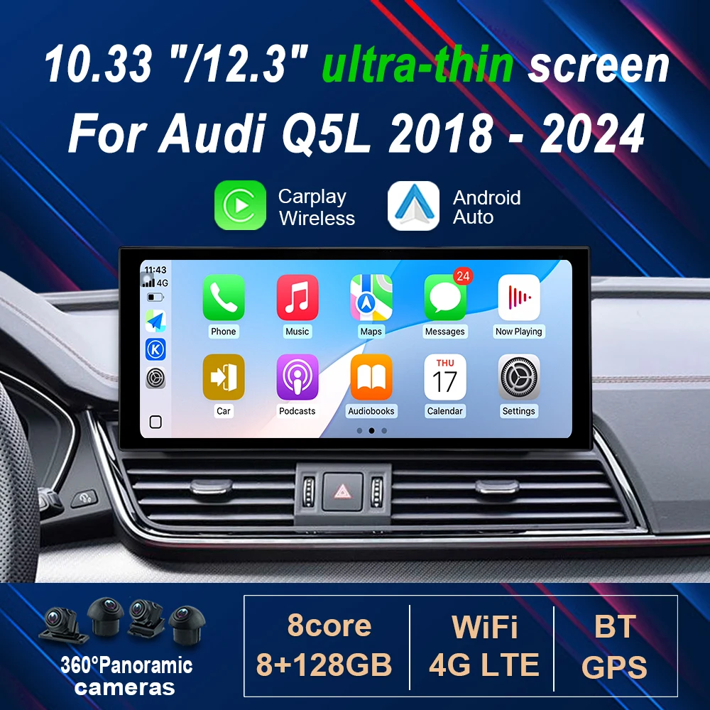Для Audi Q5L 2018-2024 Беспроводной Carplay HD Сенсорный экран 4G WIFI DSP Стерео GPS Android 14 Автомобильный радиоприемник Видео Мультимедийный плеер