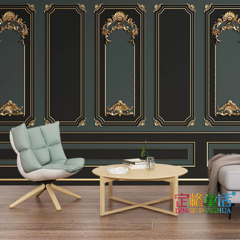 Customized products 3D European imitation plaster line light luxury style wallpaper background clothing shop mural Deep green 3d