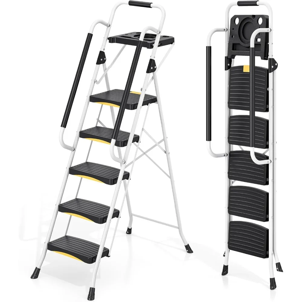 5-traps ladder met gereedschapsbak, opvouwbare stalen opstapkruk met veiligheidsslot, antislip brede pedalen, laad testen van 800 lbs