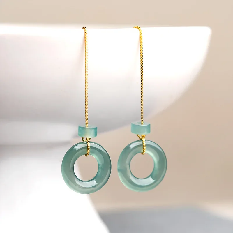 

Burmese Jade Donut Earrings Women Stone Natural Talismans 925 Silver Blue Jewelry Gemstone Jadeite Accessories Dangler Amulets