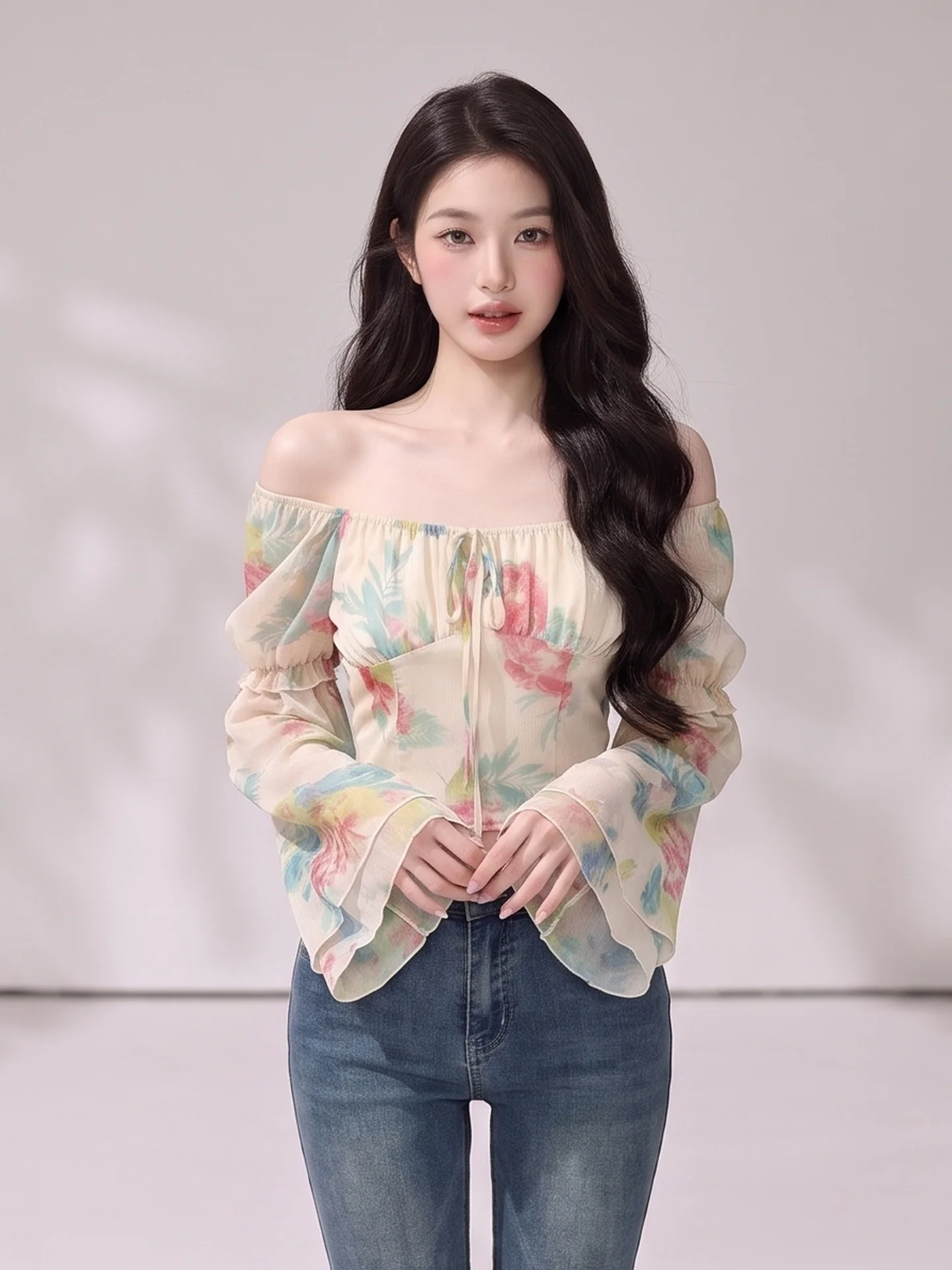 Sweet Gradient Floral One-Shoulder Long-Sleeve Shirt Women's Autumn Youthful Lace Trim Belted Top Korean Style Commute Fashion