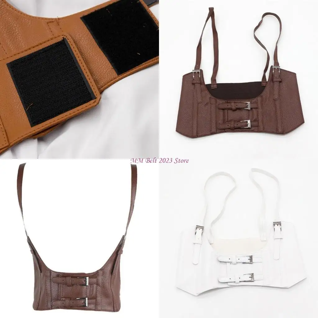 49me女性ヴィンテージゴシックフェイクレザーアンダーバストコルセットクロップトップソリッドカラー調整可能ベストウエストベルトダブルバックルシンチ