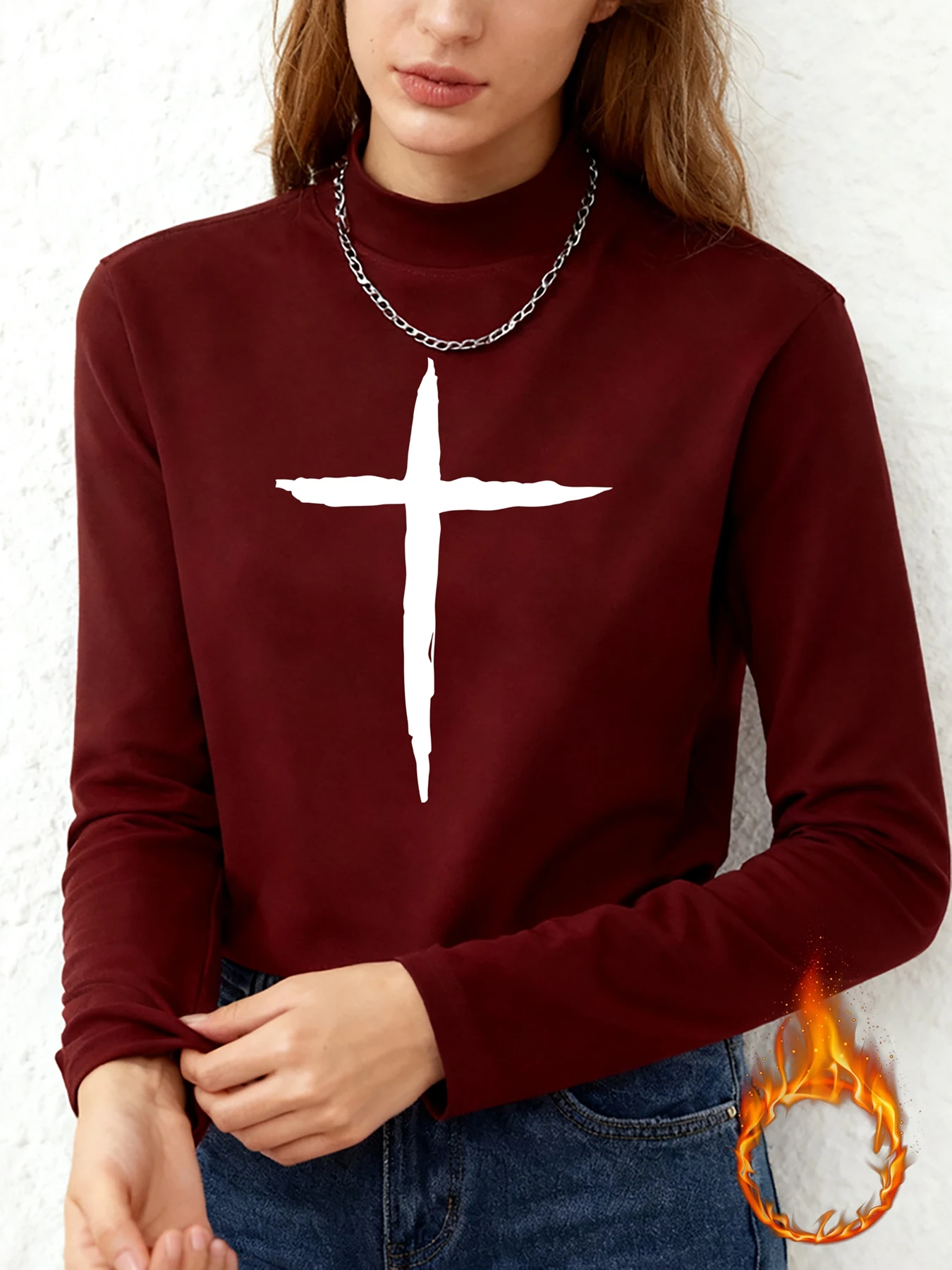 

Ladies' Mock Neck Long Sleeve T-Shirt Brushstroke Cross Pattern Graphic Top For Daily Casual Wear Retro Style Outings Clothing
