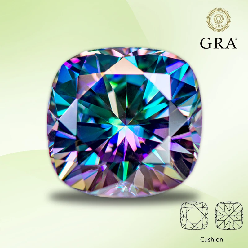 

Moissanite Stone Rainbow Green Color Cushion Cut Lab Created Heat Diamond Gemstone for Women Jewelry Making with GRA Certificate