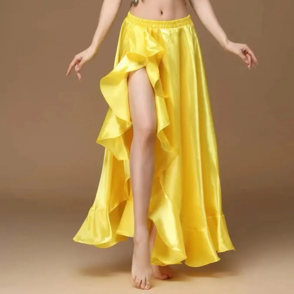 New Belly Dance Skirt - Indian Dance Performance Bottoms Satin Split-Side Long Dance Skirt for Stage & Practice