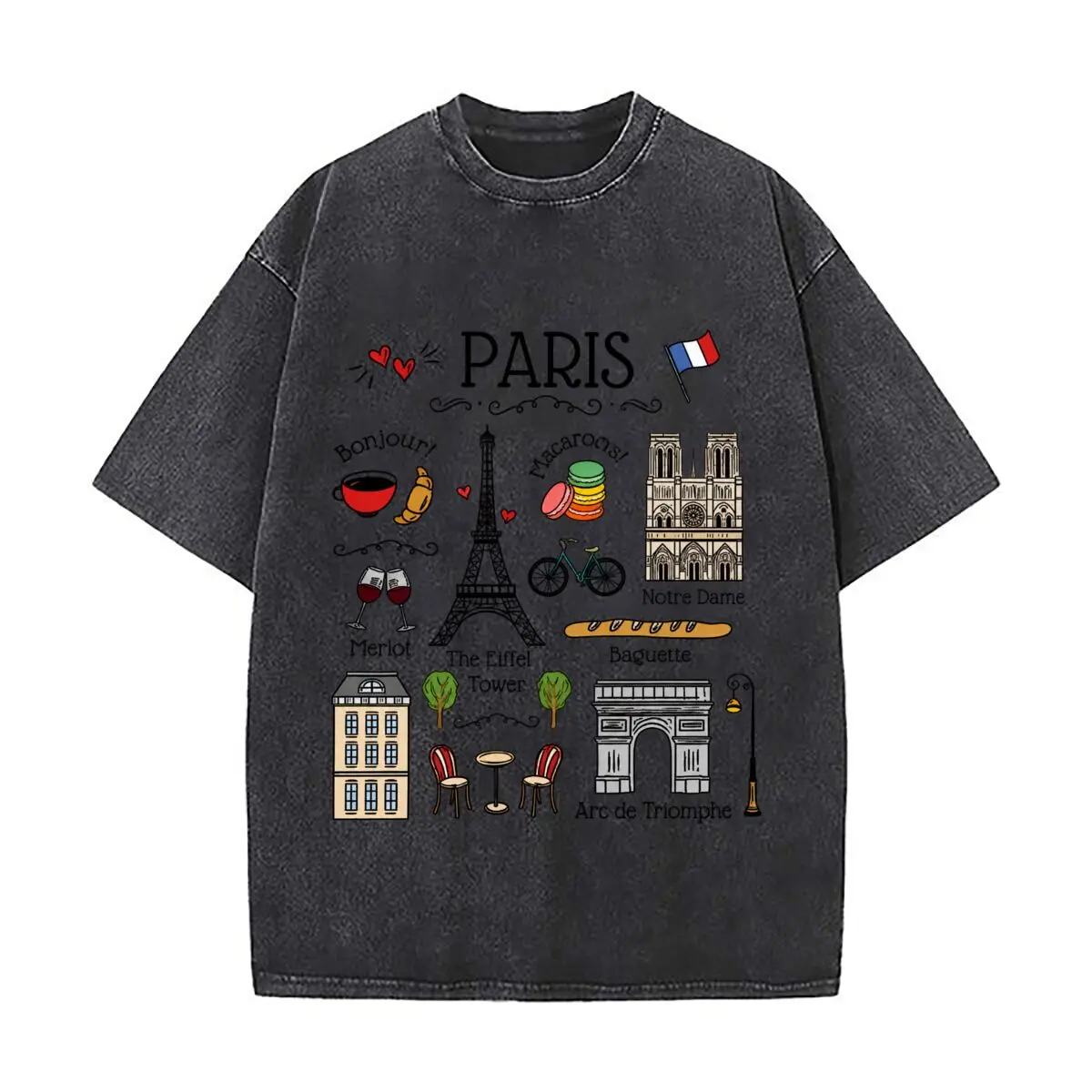 Paris Eiffel Tower Notre Dame Baguette Macarons French Landmarks Vintage Distressed Loose Streetwear Tops