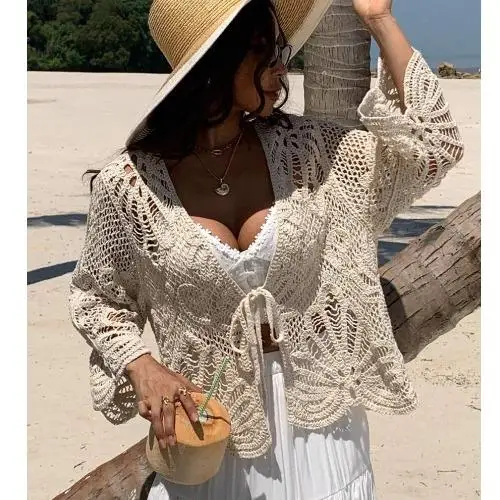 

Осенний новый белый вязаный открытый кардиган с поясом, пляжная солнцезащитная женская одежда, повседневная свободная посадка, V-Ne