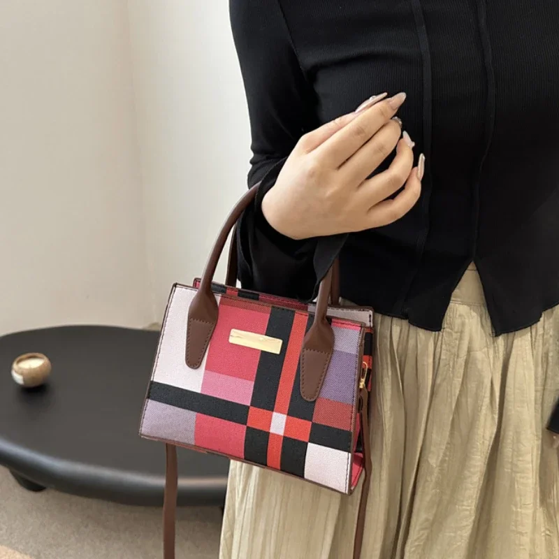 Vintage Nostalgia PU Secure Handle Bag Removable Strap Contrast Color Plaid Shoulder Bag Business Travel Phone Crossbody Bag