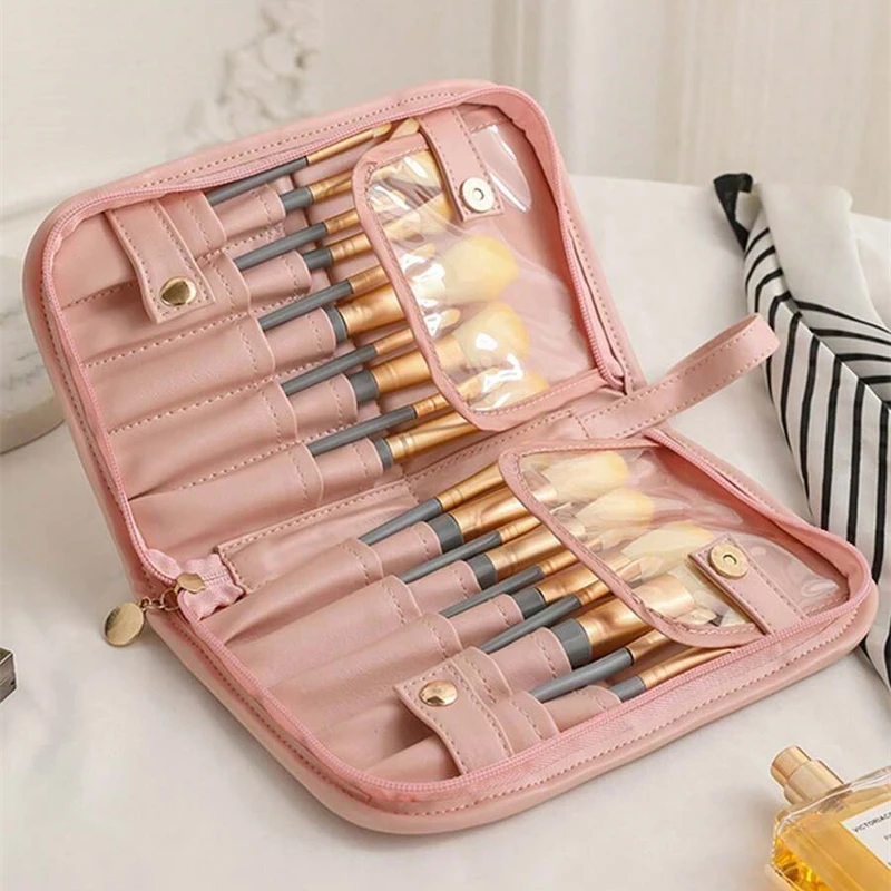 Makeup Brush Case Makeup Brush Holder Stand Cosmetic Bag for Women Large Capacity Zipper Cosmetic Pouch Portable Toiletry Bag