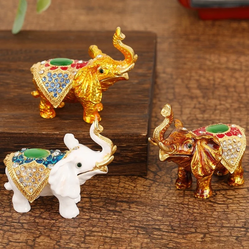 Mini Jewelry Storage Box Inlaid Gem Organizer Enameled Elephant Alloy Earrings Ring Holder Storage Jar Unique Festival Gift