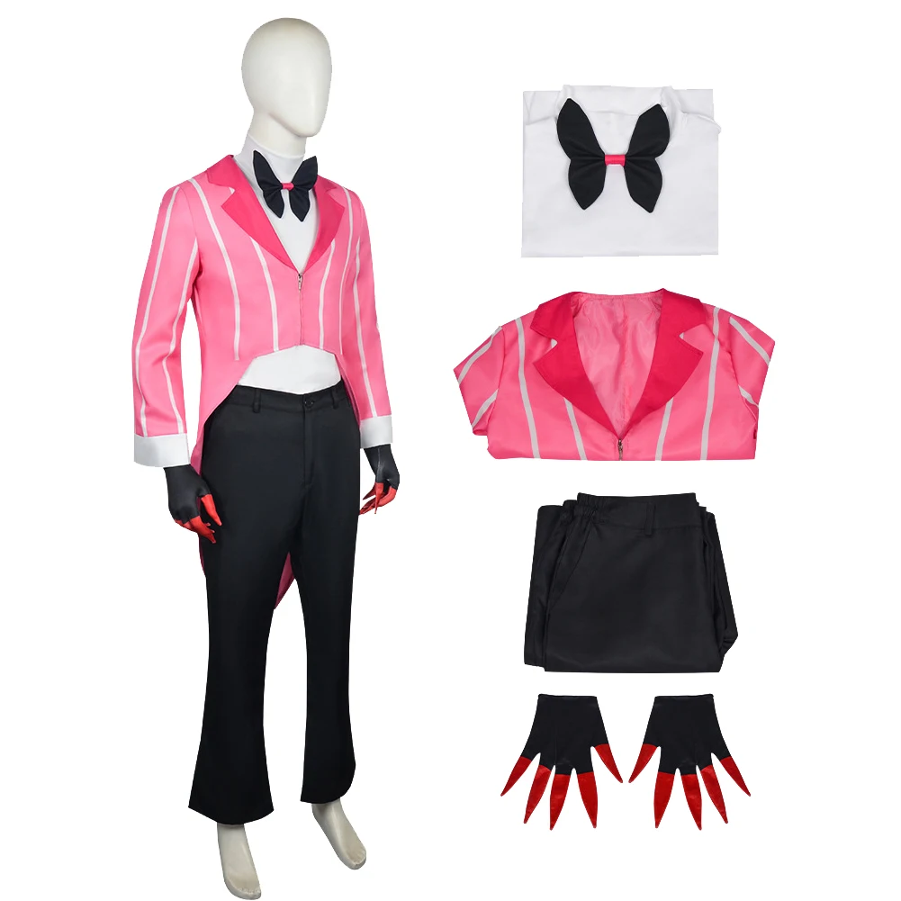 TV Hell Inn 2 Alastor تأثيري الوردي البدلة زي مخطط معطف السراويل قفازات الملابس مجموعة هالوين لعب الأدوار موحدة كرنفال حفلة