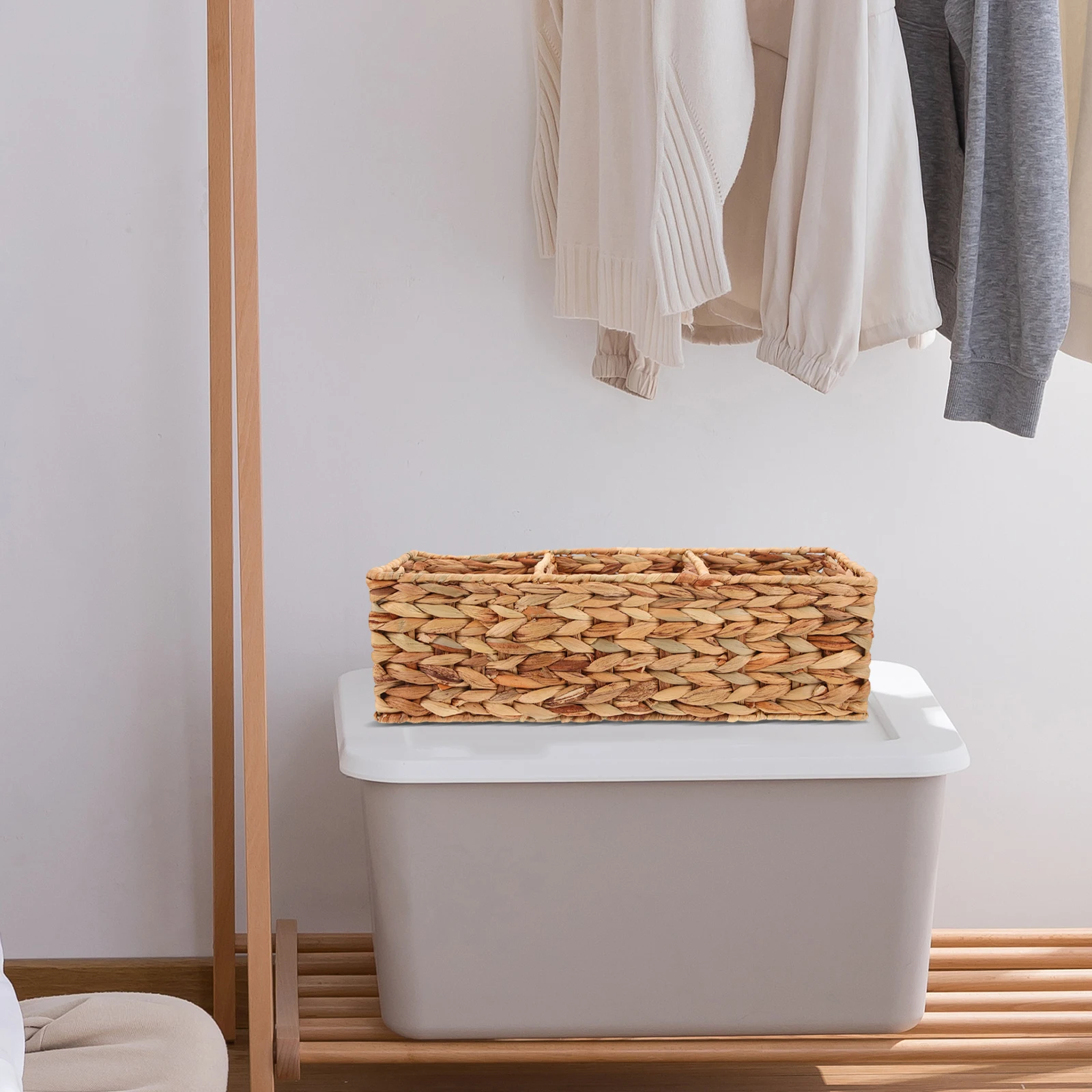 

Straw Woven Storage Basket 3-Compartment Handle Makeup Organizer Multipurpose Storage Bin Sundries Container Home Supplies