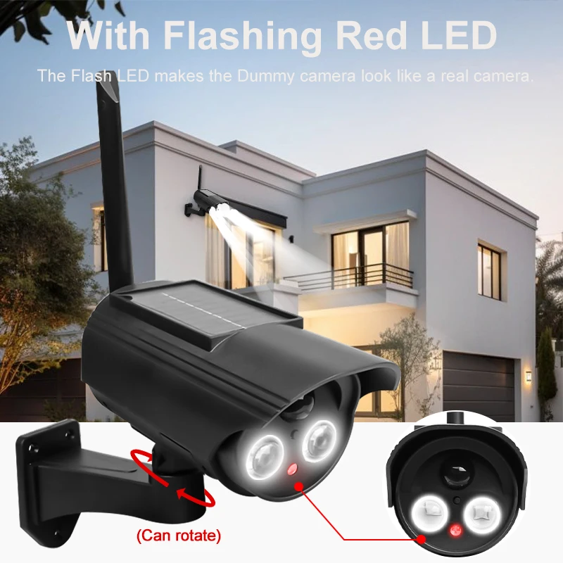 Solar Fake Camera Outdoor Waterproof Security CCTV Surveillance Simulation Dummy Camera Lighting Rotation No Wiring Required