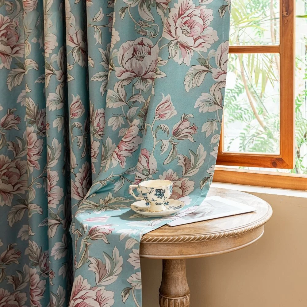 1pc 100% Blue Background Plain Flower Full Blackout Curtains for Living Room Panel Privacy Sunlight Home Decor Window Curtain