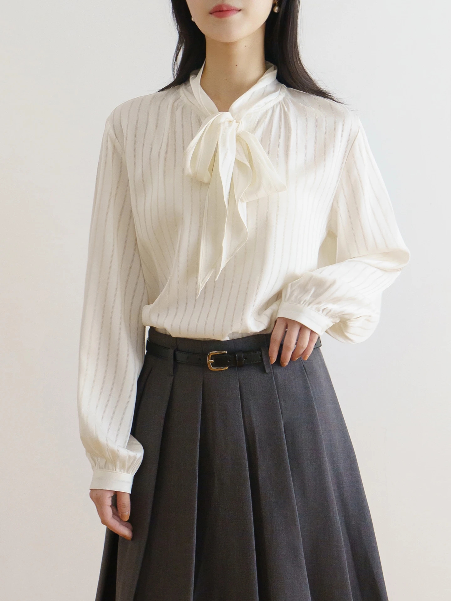 

Floradance Women's Shirt with Sash Spring Commute Style Loose Fit Long Sleeve Striped Shiny Draping Feel Ladies Premium Clothing