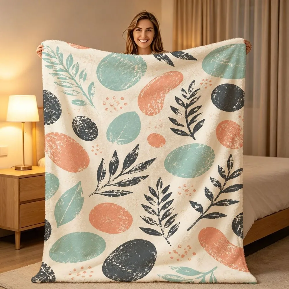 Modern Geometric Botanical Throw Blanket Monstera Foliage Abstract Print Soft Warm All Season Blanket for Sofa Couch Bedroom