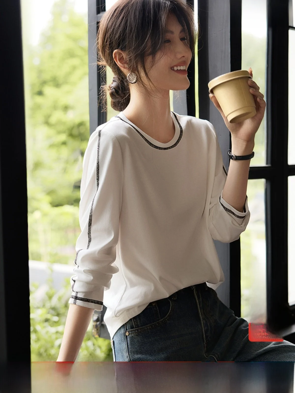 

XWI Trendy round Ne Casual Sle Women's T-irt Loose Fit Long Sve Cotton Polyester Blend Autumn Spring Faion Top