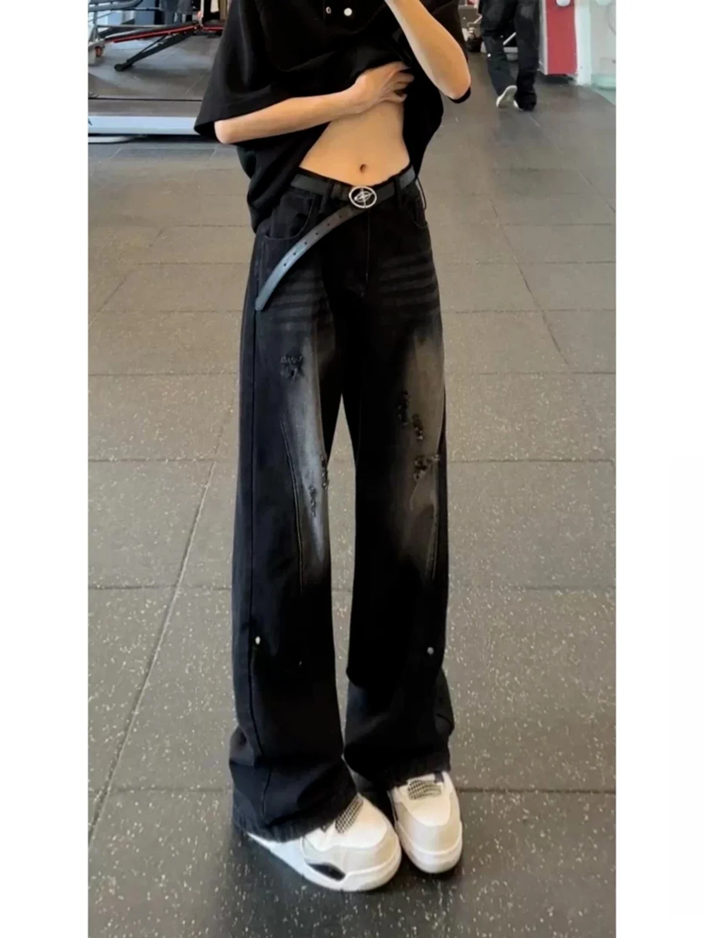 American High Street Distressed Wide Leg Men's Jeans Spring Autumn Loose Drapey Diagonal Cut Design Sense Floor Length Pants