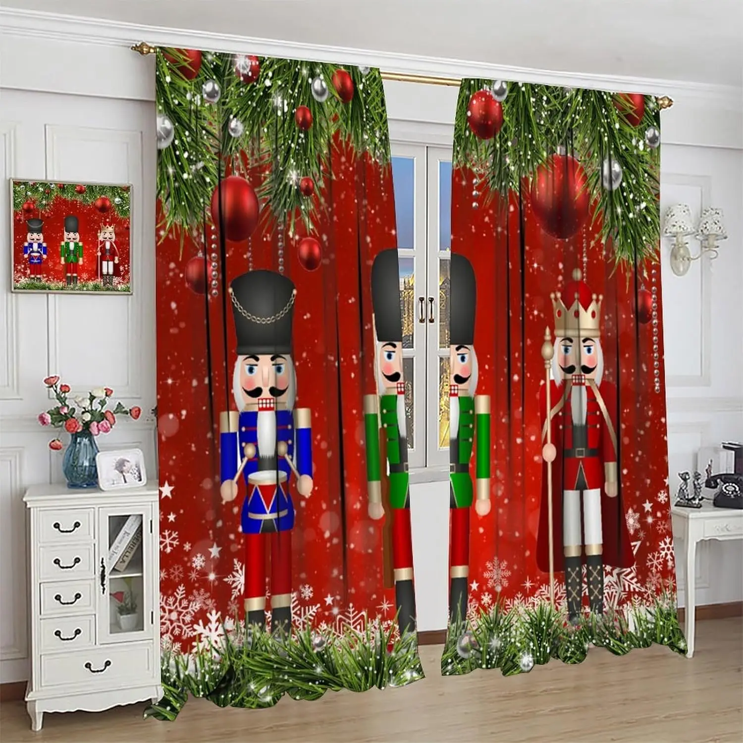 Red Christmas Nutcracker Curtain for Kids Merry Xmas Ball Window Treatments for Bedroom Kitchen Living Room Holiday Party Winter