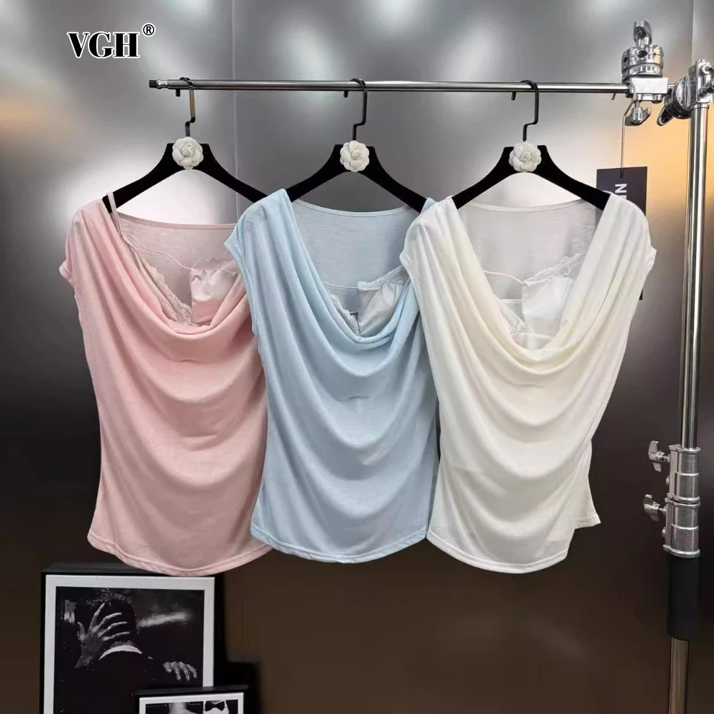 

VGH Sexy Solid Color Irregular Slimming Top for Women Swing Collar Sleeveless with Lace Camisole Temperament Tees Female Clothes