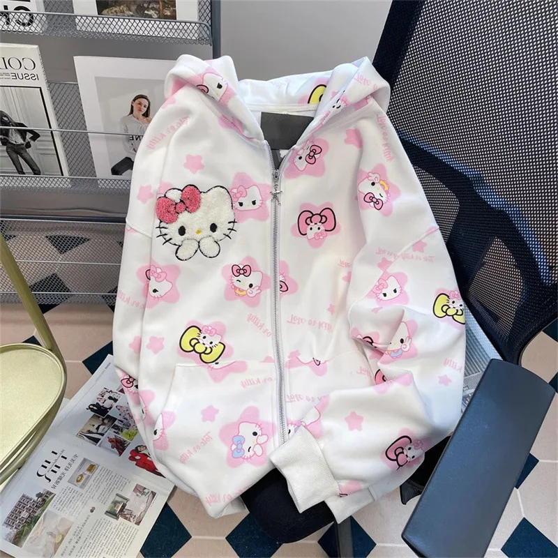 

Anime Sanrio Hello Kitty Hooded Cardigan Jacket Kawaii Girl Autumn Vintage Coat Comfortable Cute Cartoon Women Plush Hoody Gift