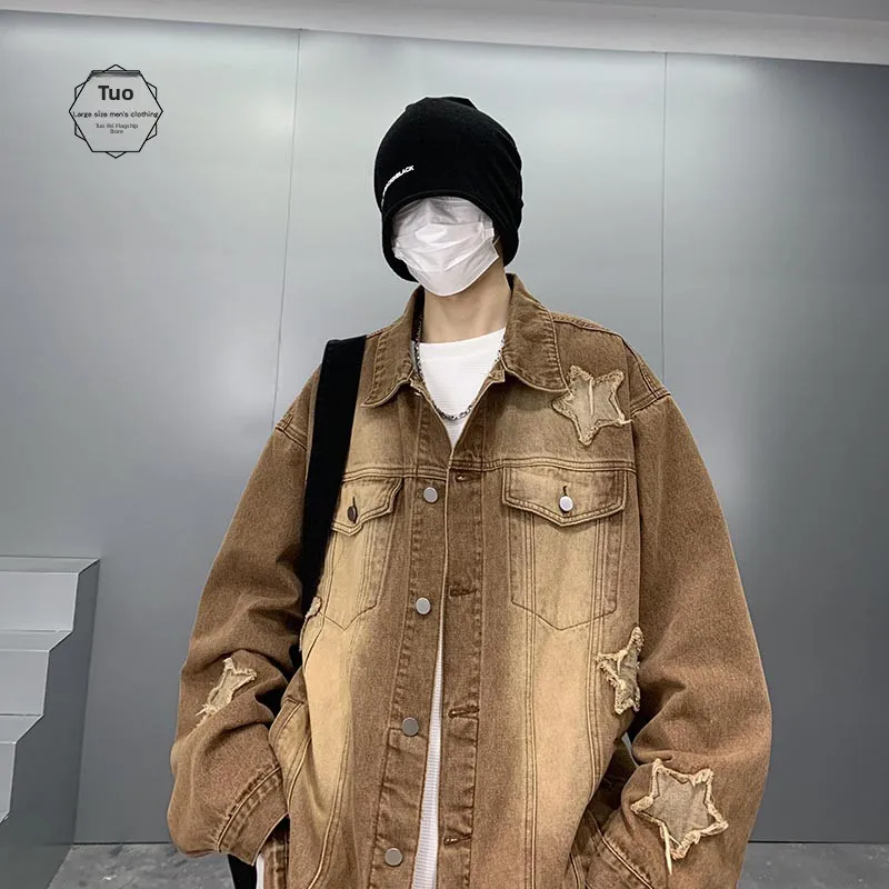 

Мужская винтажная джинсовая куртка в стиле барокко с отложным воротником, рабочая куртка-пилот свободного кроя, длинный рукав, весна-осень, модная