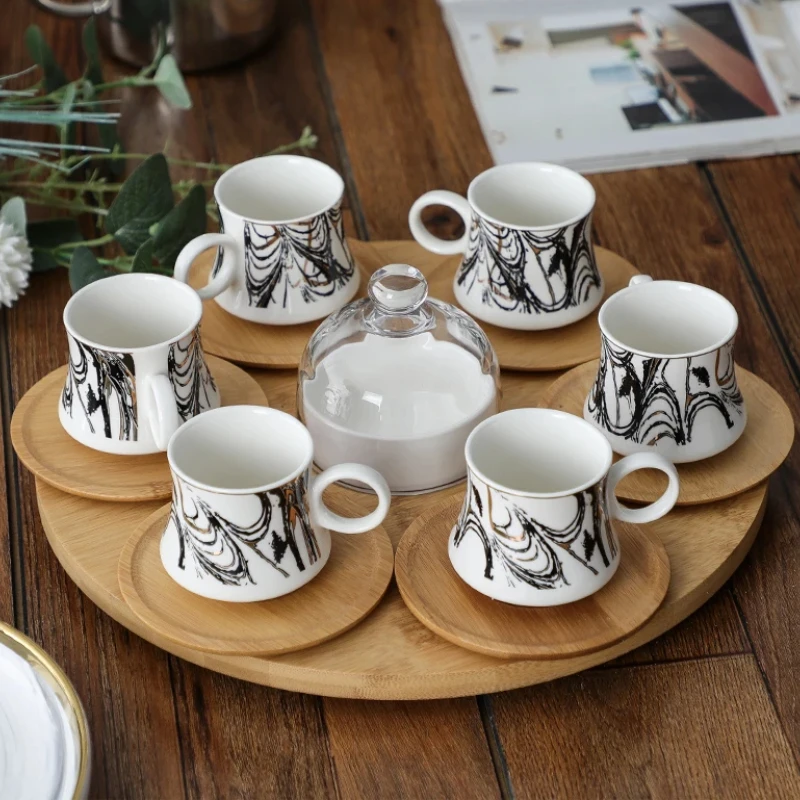 

Coffee Cup and Saucer Set, Wooden Pallet Concentrate Cup, Ceramic Glass Cover, Snack Bowl, Afternoon Tea Sets, 6 Pcs