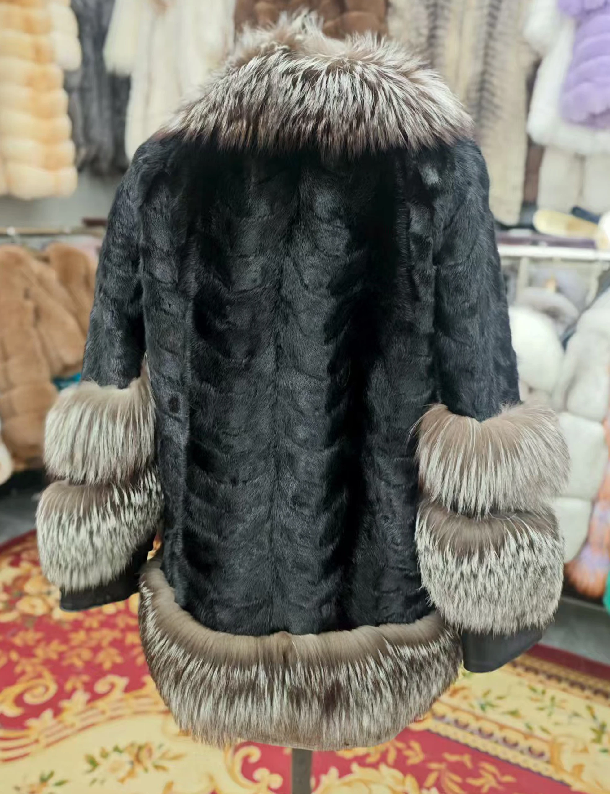 큰 여우 모피 칼라 밑단이있는 진짜 밍크 모피 코트 숙녀 겨울 자켓 럭셔리 streetwear