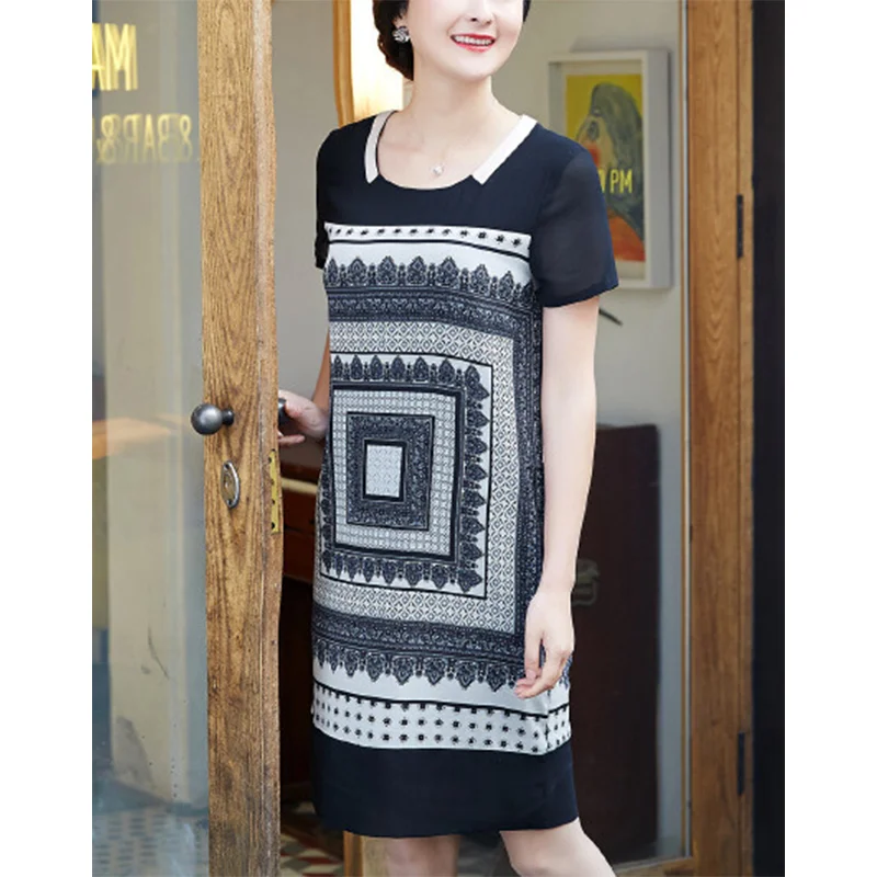 

2024 New Summer Retro Ethnic Style Loose Straight Casual Dresses Short Sleeve Printed Graphic Women's Knee Skirts Midi Dress