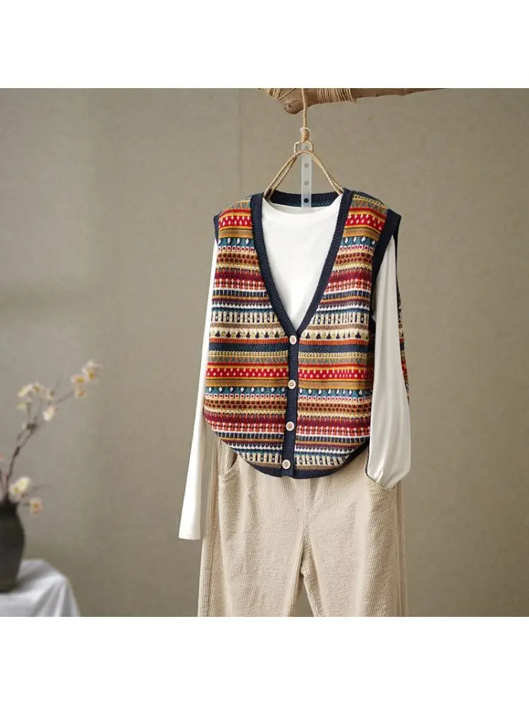 

Spring New Vintage Ethnic Sle Striped Knitted Vest Women ort Loose Outerwear Svel Open Front Sweater Vest