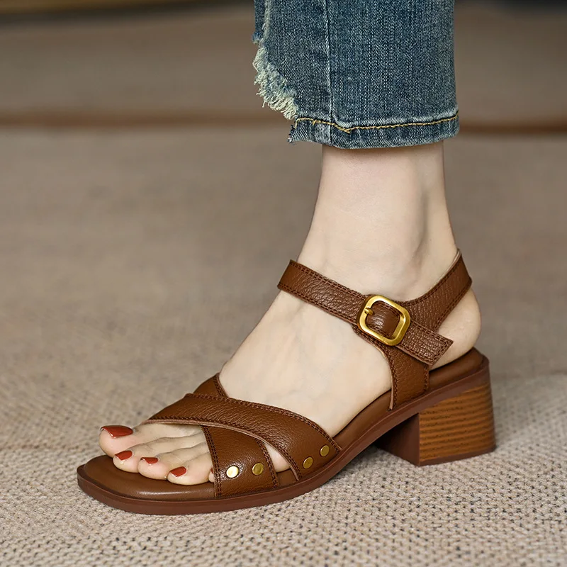 Sandals Straps Fashion Womens Shoes 2025 Cross-Shoes Suit Female Beige Med High Heels  Luxury Outside Comfort Black New Medium H