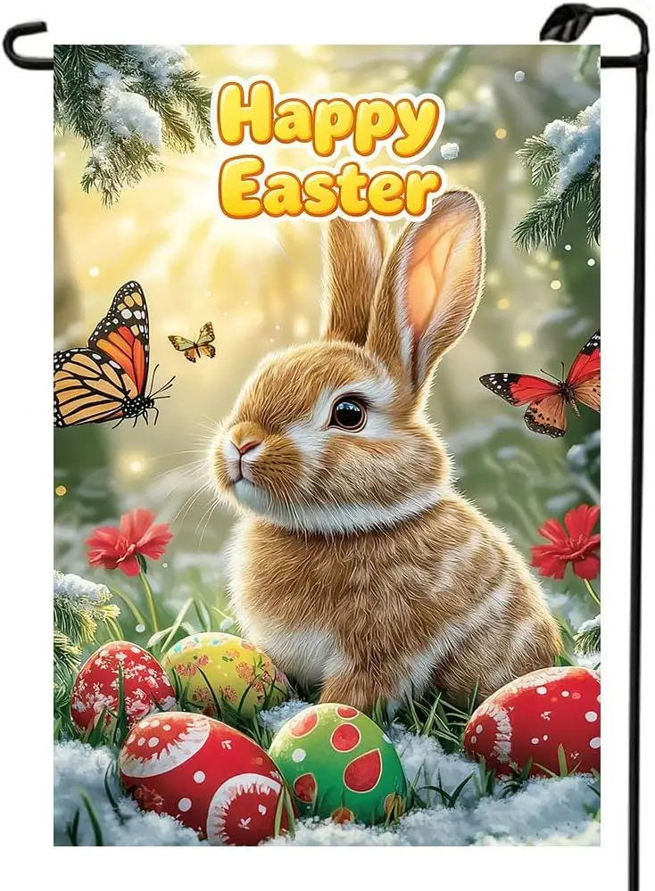 Happy Easter Garden Flags for Outside 12x18 Double Sided, Small Burlap Floral Butterfly Eggs Bunny Garden Flags Easter Holid SSL