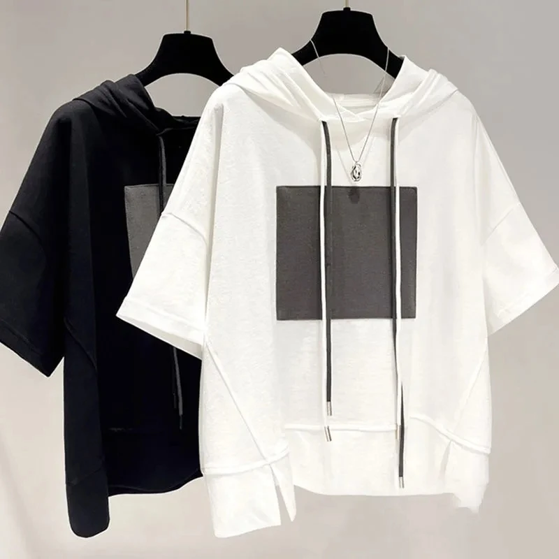 

plus Size Women's Casual Hoodie T-Shirt Short Sleeve Loose Meat Covering Summer Fashionable Top Korean Style Regular Sleeve