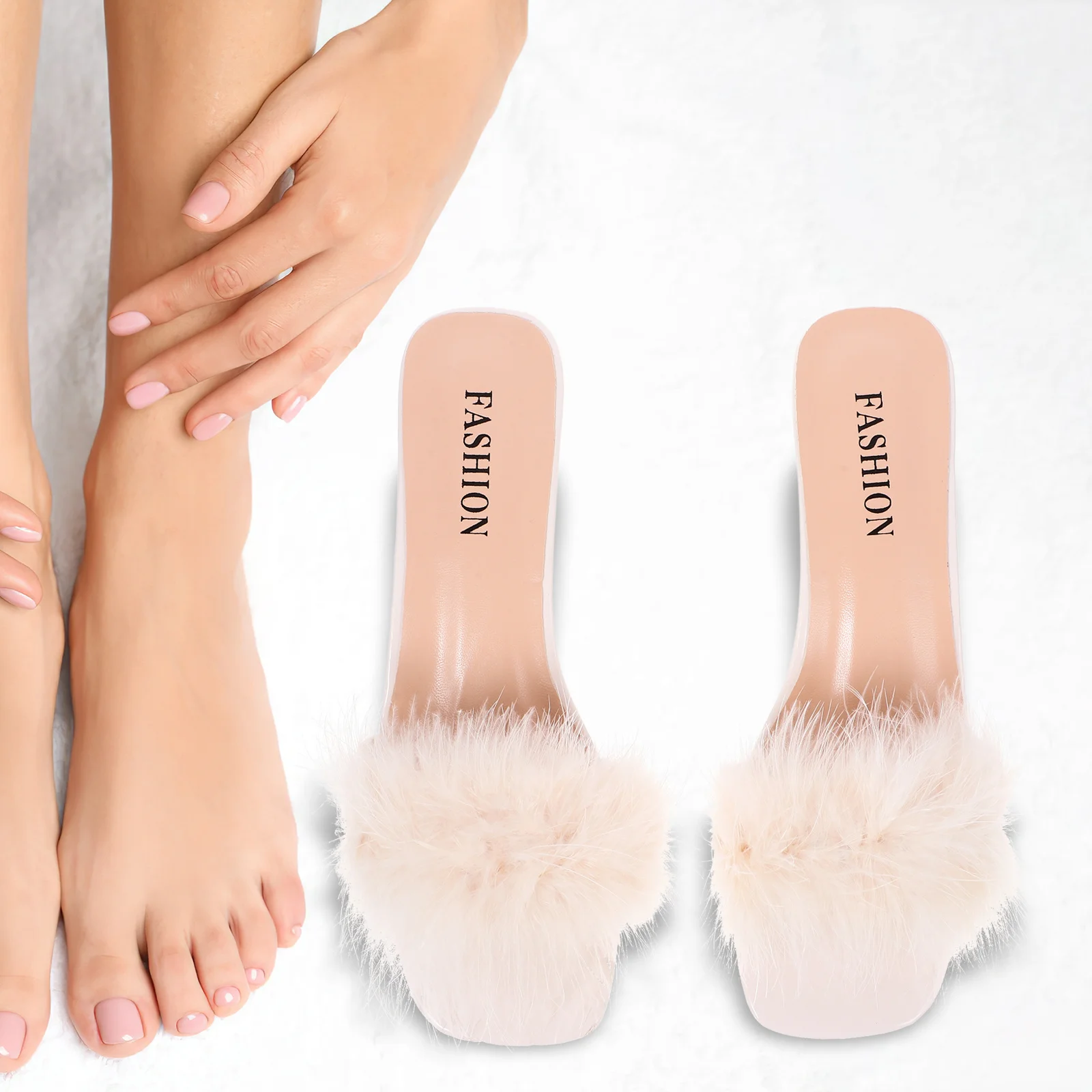 

1 Pair Chunky Heel Sandals Women Summer Open Toe Slippers Beach Pu Rubber Lady Sandals Indoor Casual Wear Beige Size 41 8.5Us