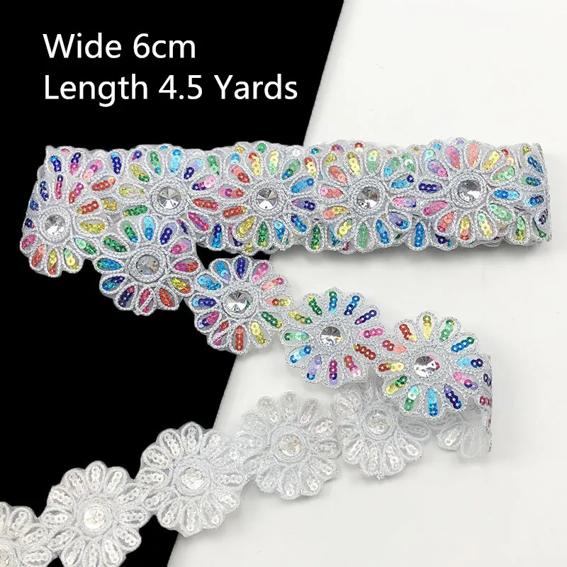 4.5 Yards Lace Fabric Sequins Flowers Embroidered Ribbon Collar Trim Applique for Wedding Dress Sewing