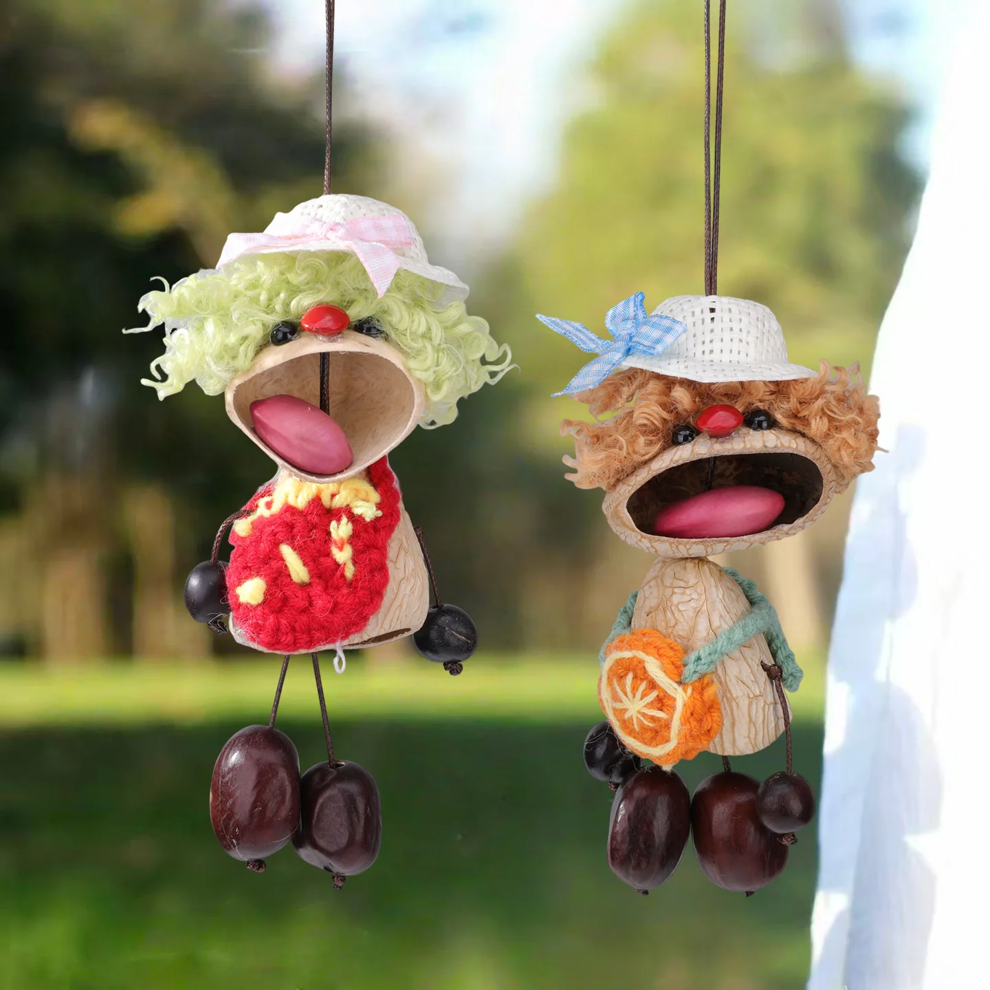 Bohemian Handmade Nutshell Clown Doll Pendant Straw Hat Curly Hair Doll Pendant Accessories Suitable for Backpack and Car Keys