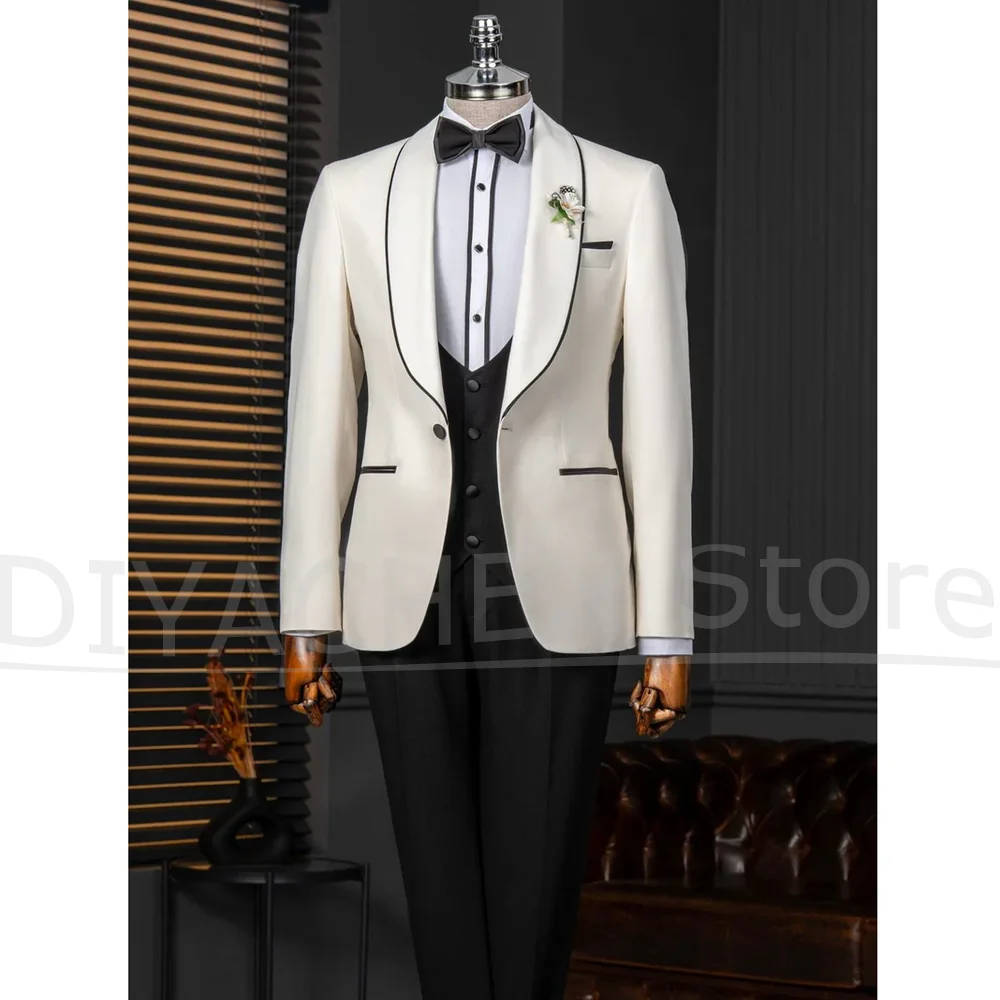 

Men Suits 3 Pieces Elegant Shawl Lapel One Button Tuxedos Wedding Groom Fashion Evening Party Formal Suit (Jacket+Vest+Pants)
