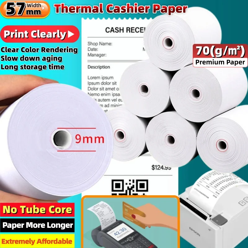 5Roll/Pack Width 57mm Thermal Cash Register Paper for Thermal Receipt Printer/POS Printer No Tube Core 70g Premium Cashier Paper