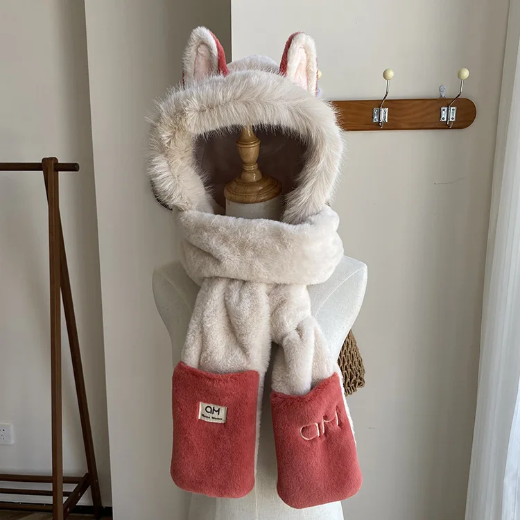 Hot Fox Plush Ski Hat Scarf Gloves three-piece women's Hat Winter Warm Furry Cold Riding Outdoor Ear Protection Hat