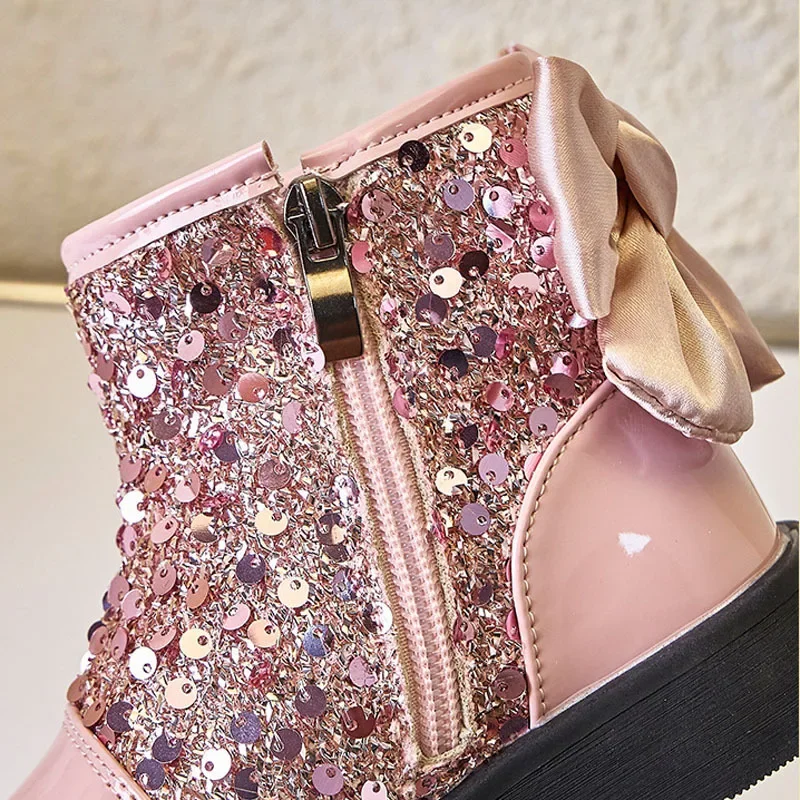 Girls Princess Boots Autumn Winter Toddler Kids Fashion Brand Middle Calf Boots Children High Top Glitter Bowtie Shoes Soft Sole