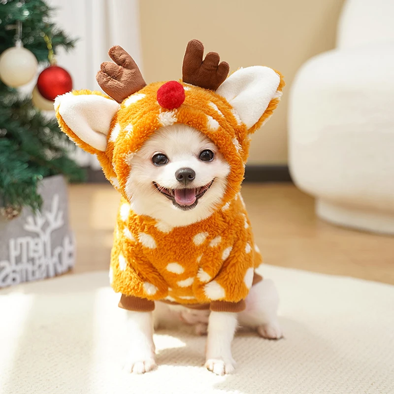 ペット用の暖かいエルク服、かわいい漫画の犬と猫のコート、子犬用のパーカー、猫の服、ペットの衣装、ペット用品、冬のファッション、ギフト