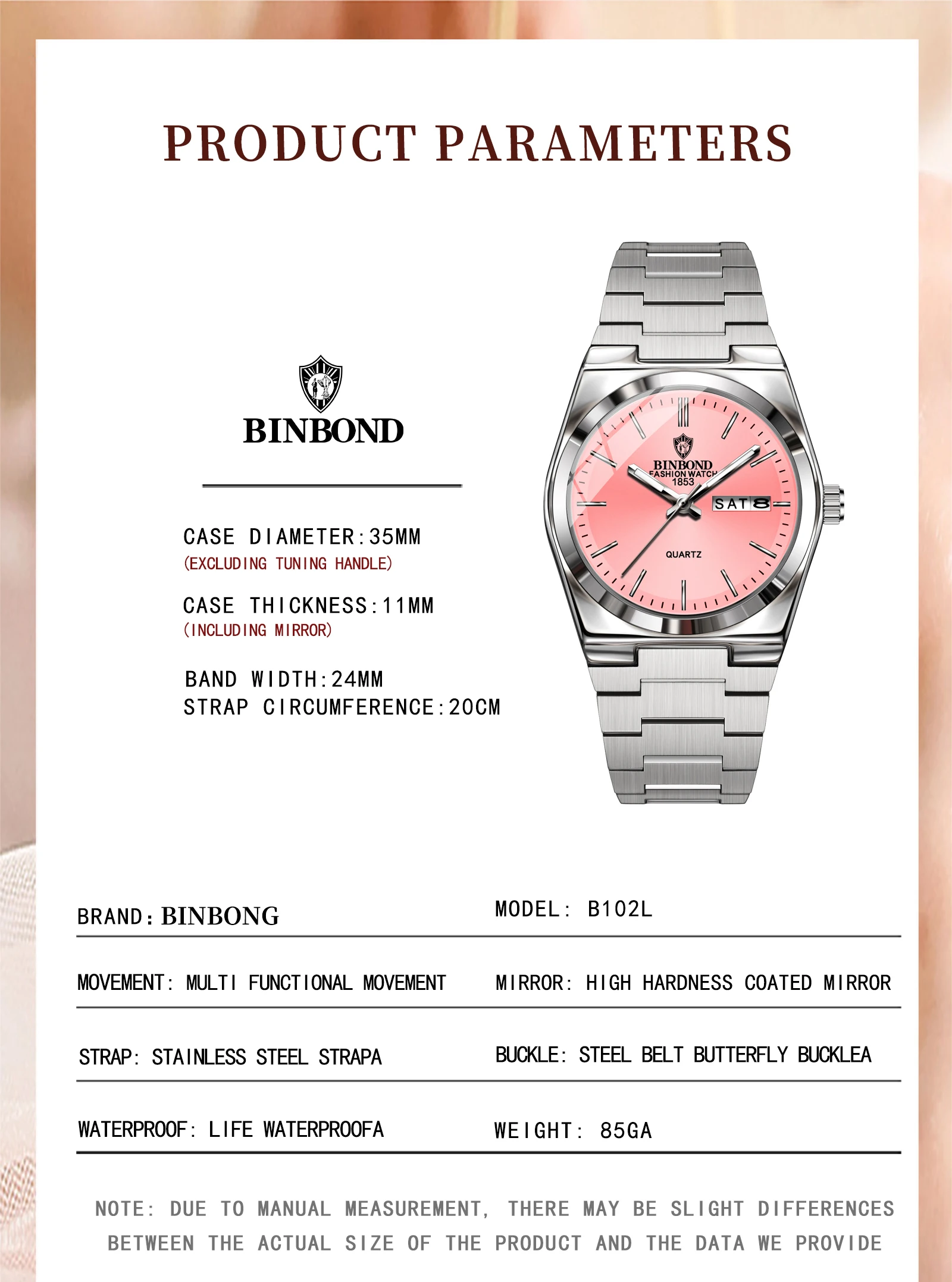 BINBOND 103 Business es un reloj de cuarzo Reloj de cuarzo ultrafino de moda con calendario dual Reloj de cuarzo no mecánico personalizado para mujer