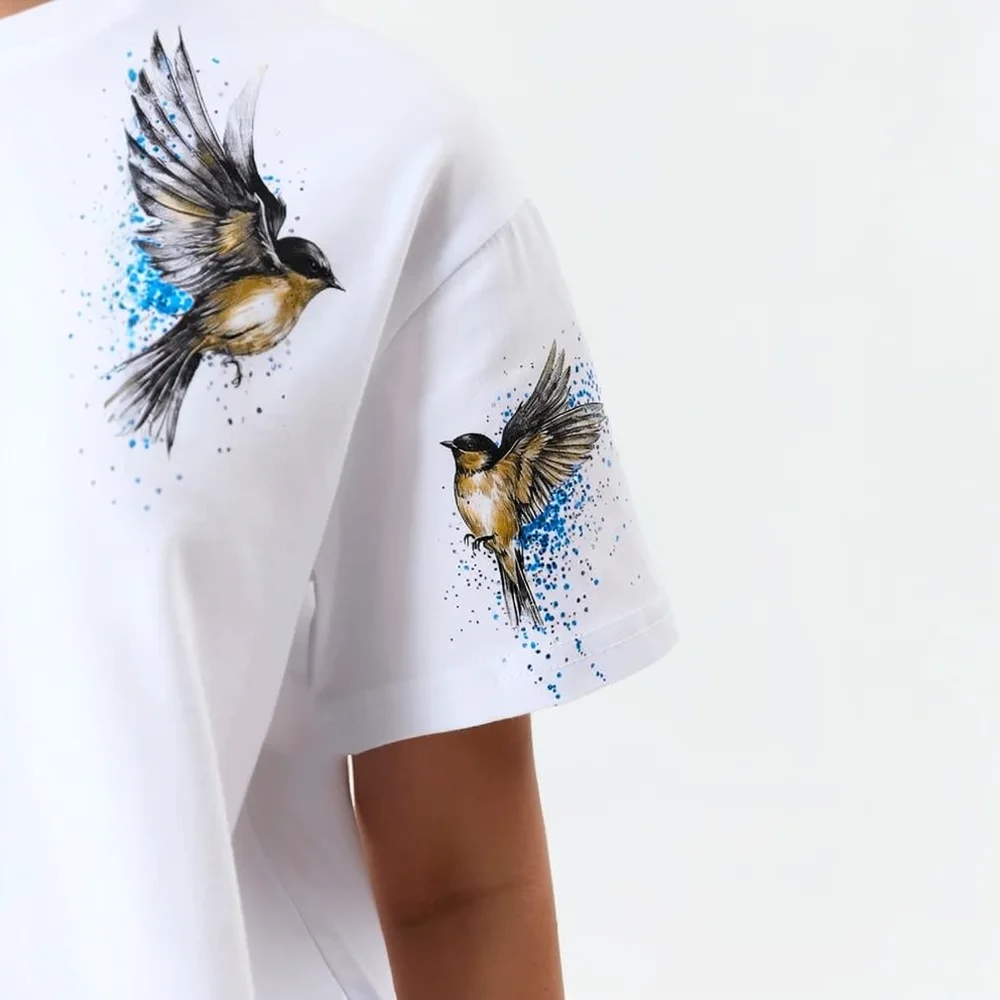 Cotton Short Sleeve T Shirt Women Bird Print Loose Summer Casual Round Neck Comfortable Soft Trendy Aesthetic Basic Blouse