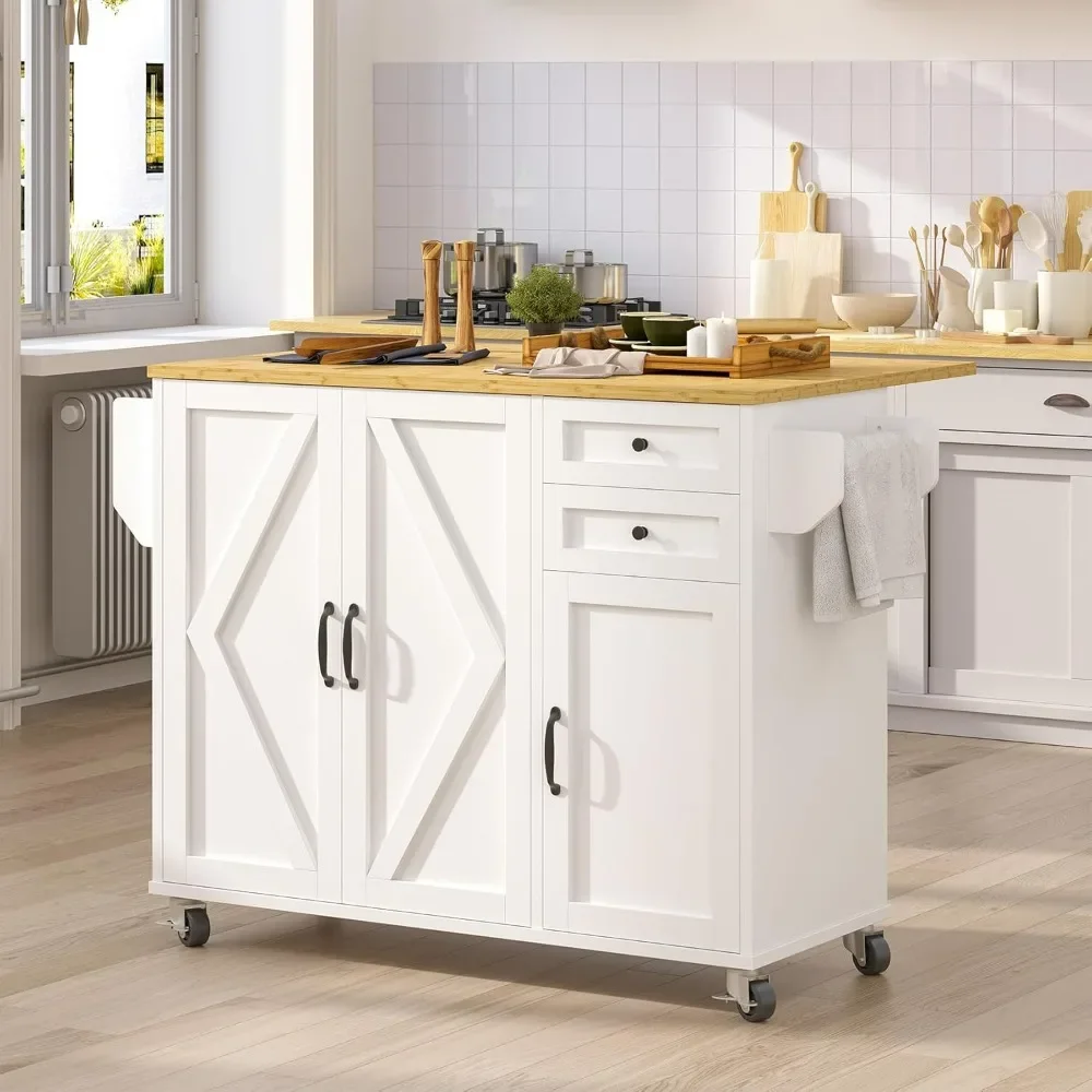 Kitchen Island On Wheels, Kitchen Island Cart with Drop Leaf Countertop with Storage Cabinet and 2 Drawer,Towel Rack Spice Rack