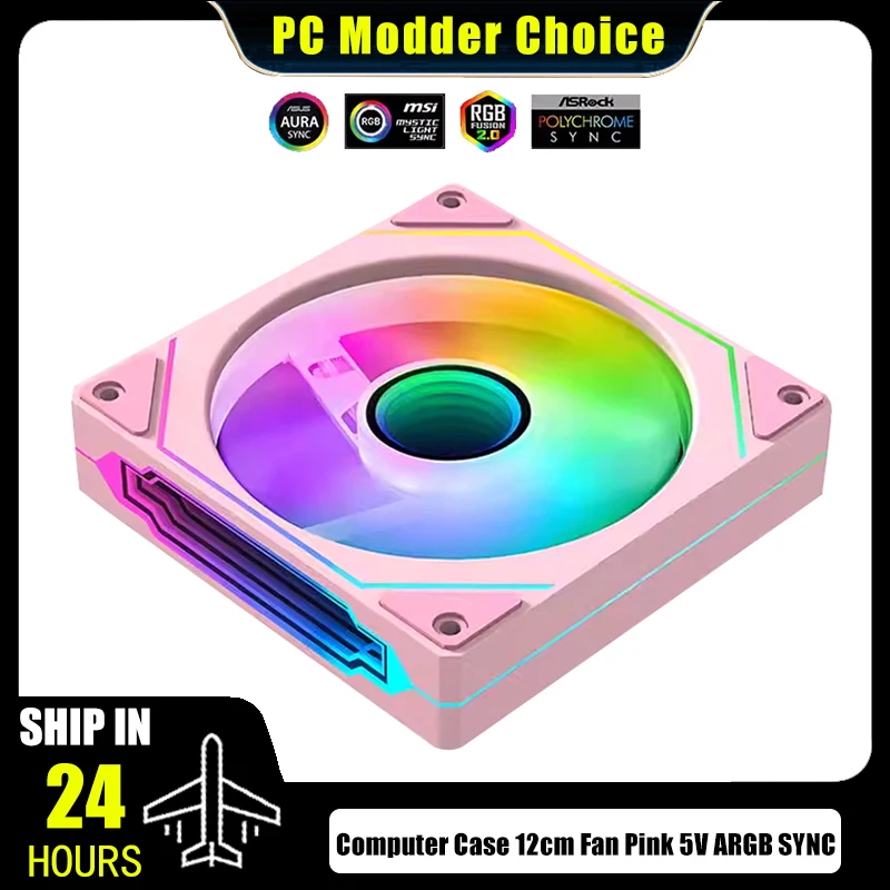 Computer Case RGB Fan Pink 5V ARGB SYNC, 12cm Mute Silent CPU Cooler Fan 120mm 16.5M Colors Light,Forward or Reverse Blade