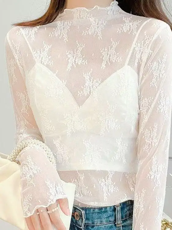 

Elegant Thin Long Sleeve Mesh T-Shirt Women Spring Autumn Half High Collar Lace Overlap Youthful Pure Desire Fashion Top