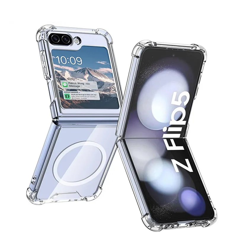 Luxury Transparent Magnetic For Magsafe Case for Samsung Galaxy Z Flip 6 5 ZFlip 4 3 Cases Clear Air Cushion  Shockproof Cover