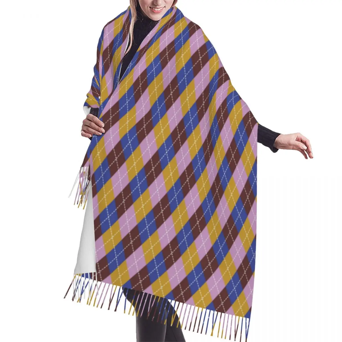 

Luxury Colorful Argyle Pattern Tassel Scarf Women Winter Fall Warm Shawls Wraps Ladies Scarves